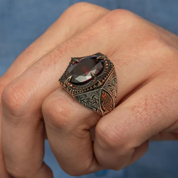 Kırmızı Taşlı Oval 925 Gümüş Erkek Yüzük - Resim 6