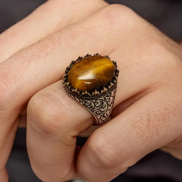 Kaplan Gözü Taşlı Oyma Motifli 925 Gümüş Yüzük - Resim 3