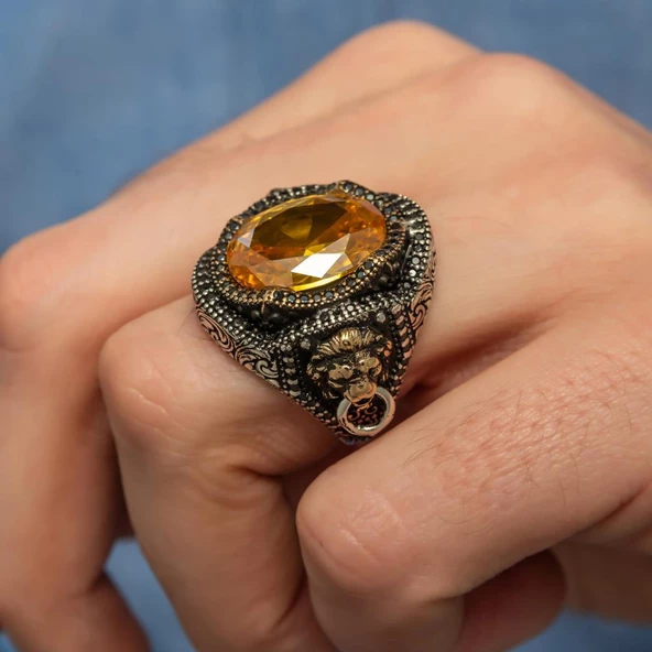 Aslan Kapı Tokmak Modeli Sarı Taşlı 925 Gümüş Yüzük - Resim 5