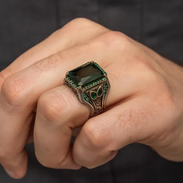 Yeşil Taşlı 925 Gümüş Erkek Yüzük - Resim 7