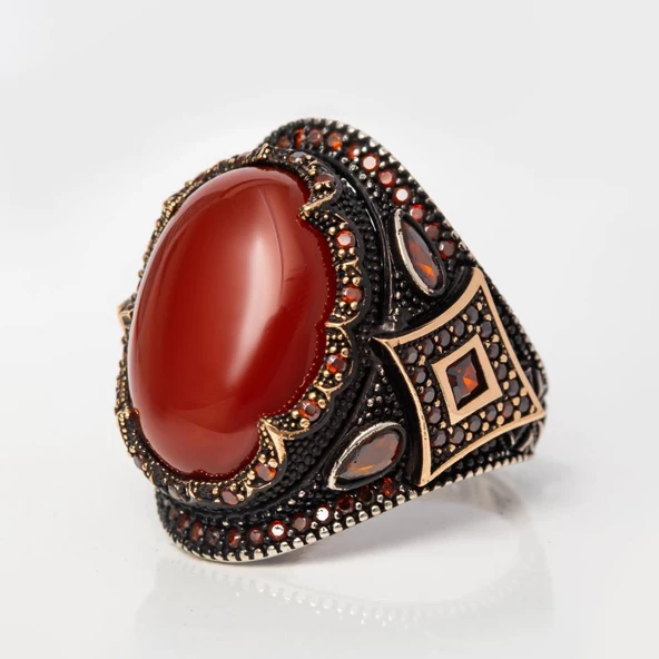 Akik Taşlı Oval 925 Gümüş Erkek Yüzük - Resim 4