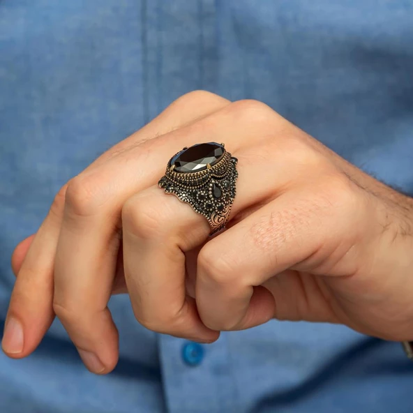 Siyah Taşlı Faset Kesim 925 Gümüş Erkek Yüzük - 5