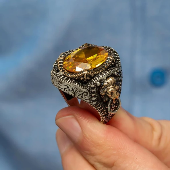 Aslan Kapı Tokmak Modeli Sarı Taşlı 925 Gümüş Yüzük - Resim 8