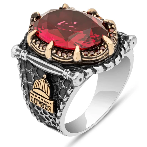 Kırmızı Taşlı Kubbetüs Sahre Motifli 925 Gümüş Erkek Yüzük - Resim 2