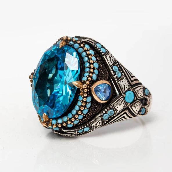 Aqua Mavi Taşlı Oval 925 Gümüş Yüzük - 5