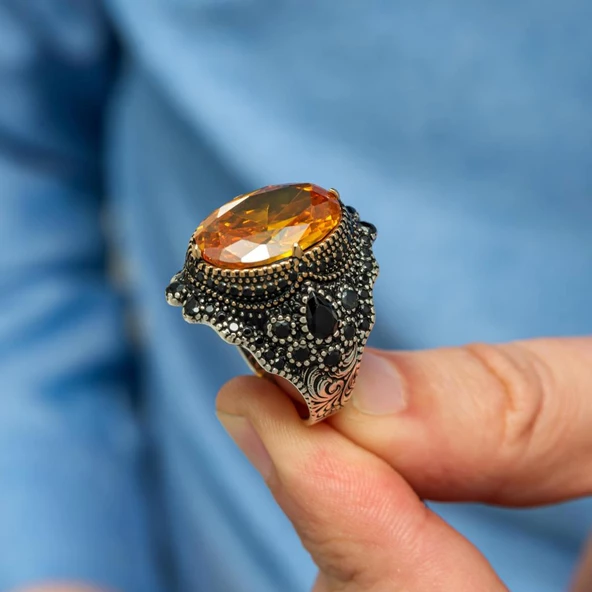 Sarı Sitrin Taşlı 925 Gümüş Erkek Yüzük - Resim 4