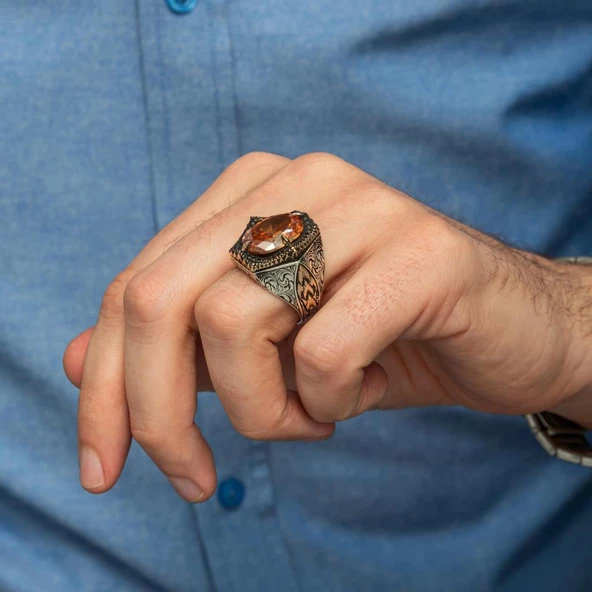 Sarı Taşlı Oval 925 Gümüş Erkek Yüzük - Resim 4