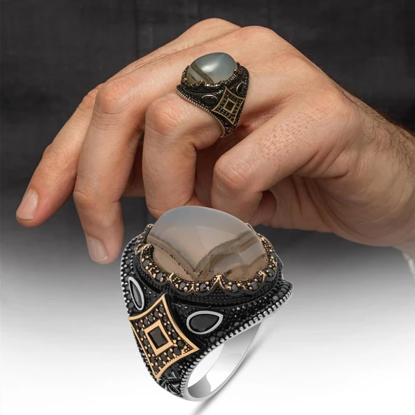 Yemen Akik Taşlı 925 Gümüş Alyans Yüzük ürün görseli 1