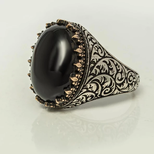 Siyah Oniks Taşlı Oyma Motifli 925 Gümüş Yüzük - Resim 8