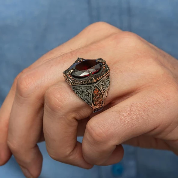 Kırmızı Taşlı Oval 925 Gümüş Erkek Yüzük - Resim 5