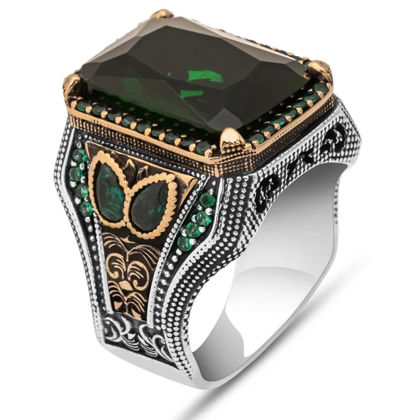 Yeşil Taşlı 925 Gümüş Erkek Yüzük - Resim 2