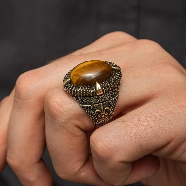 Kaplan Gözü Taşlı Oval 925 Gümüş Yüzük - Resim 5