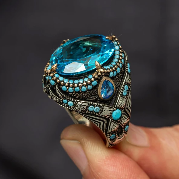 Aqua Mavi Taşlı Oval 925 Gümüş Yüzük - 8
