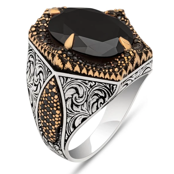 Siyah Taşlı Oval 925 Gümüş Erkek Yüzük - 2