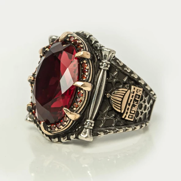 Kırmızı Taşlı Kubbetüs Sahre Motifli 925 Gümüş Erkek Yüzük - Resim 8