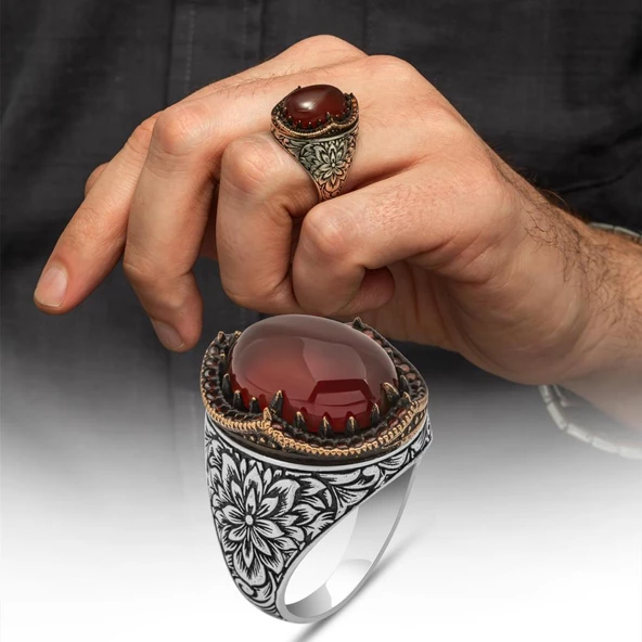 Akik Taşlı Kakma Oyma Motif 925 Gümüş Erkek Yüzük ürün görseli