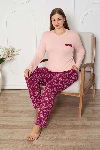 Kadın Büyük Geniş Beden Bisiklet Yaka Düğmesiz Mevsimlik Uzun Kol Cepli Pijama Takımı - 3