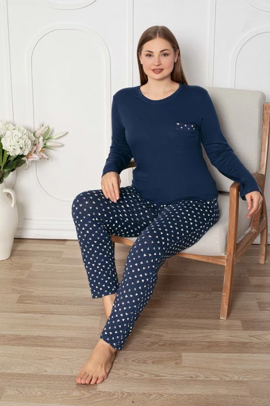 Kadın Büyük Geniş Beden Bisiklet Yaka Düğmesiz Mevsimlik Uzun Kol Cepli Pijama Takımı - 7