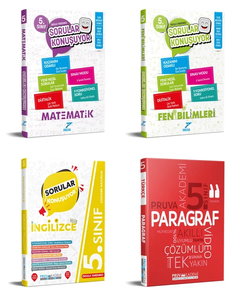Pruva Akademi 2025 5. Sınıf Matematik + Fen Bilgisi + İngilizce + Paragraf Soru Seti 4 Kitap Güncel Müfredat
