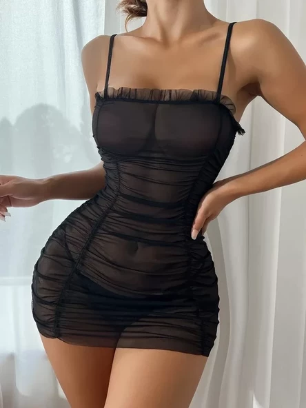 Siyah Transparan İç Gösteren Tül Detaylı Askılı Gecelik - 3