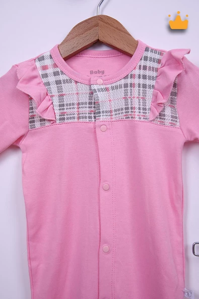 Babyhola %100 Pamuk Şapkalı Fırfır Detaylı Uzun Kollu Kareli Tulum 24122 - 9