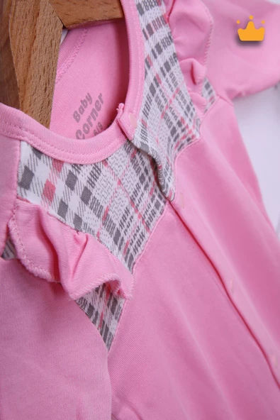 Babyhola %100 Pamuk Şapkalı Fırfır Detaylı Uzun Kollu Kareli Tulum 24122 - 12