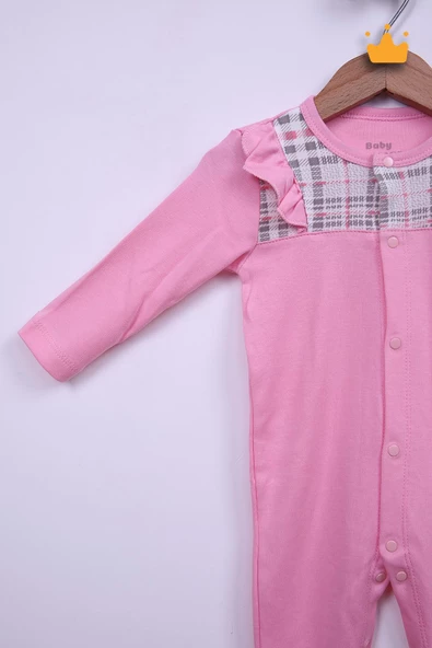 Babyhola %100 Pamuk Şapkalı Fırfır Detaylı Uzun Kollu Kareli Tulum 24122 - 10