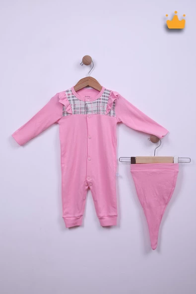 Babyhola %100 Pamuk Şapkalı Fırfır Detaylı Uzun Kollu Kareli Tulum 24122 - 8