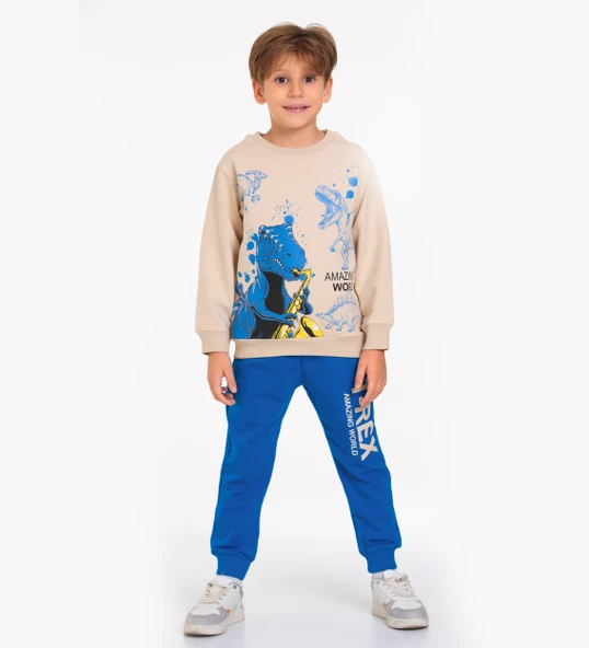 TRİLİYA-Çocuk Eşofman Takımı 3-10 Yaş, Dinazor Baskılı, Cepli Lüks Günlük ve Okul, Likralı Kumaş - 6