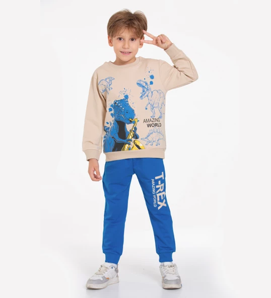 TRİLİYA-Çocuk Eşofman Takımı 3-10 Yaş, Dinazor Baskılı, Cepli Lüks Günlük ve Okul, Likralı Kumaş - 5