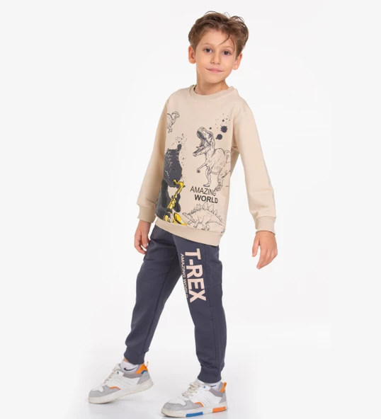 TRİLİYA-Çocuk Eşofman Takımı 3-10 Yaş, Dinazor Baskılı, Cepli Lüks Günlük ve Okul, Likralı Kumaş - 2