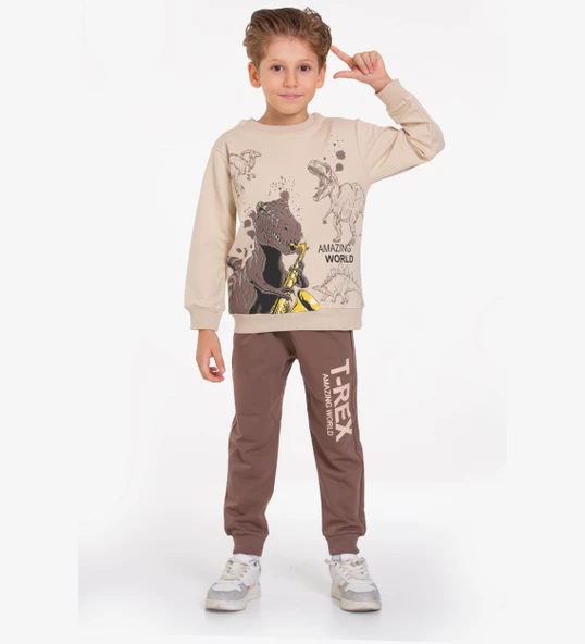 TRİLİYA-Çocuk Eşofman Takımı 3-10 Yaş, Dinazor Baskılı, Cepli Lüks Günlük ve Okul, Likralı Kumaş - 3