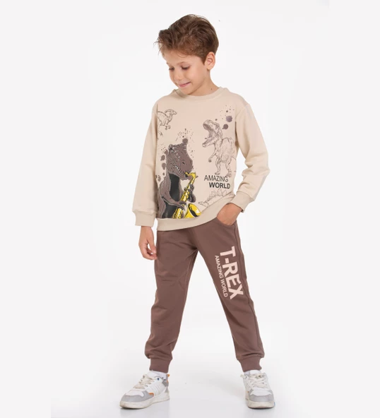 TRİLİYA-Çocuk Eşofman Takımı 3-10 Yaş, Dinazor Baskılı, Cepli Lüks Günlük ve Okul, Likralı Kumaş - 4