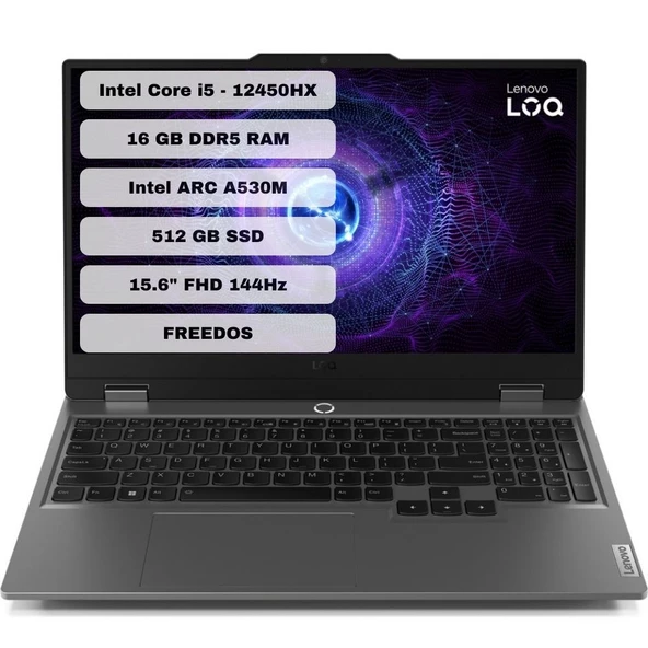 Lenovo LOQ 15IAX9I Intel Core i5 12450HX 16GB 512GB SSD Arc A530M Freedos 15.6" FHD Taşınabilir Bilgisayar 83FQ000UTR