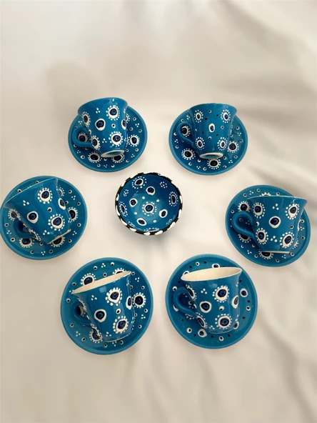 Den Tasarım Hediyelik Nazar Boncuğu El işlemesi 6 Kişilik Kahve Fincan Seti Mavi - Resim 2