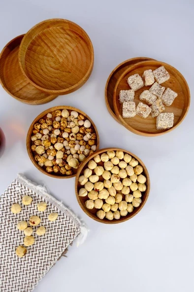 Digithome 6'lı Kayın Ahşap Çerezlik ve Kase Sunum Seti 11 Cm Yuvarlak