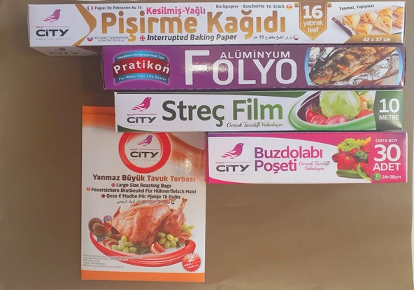 Pişirme Kağıdı- Alüminyum Folyo- Streç Film- Buzdolabı Poşeti -Yanmaz Tavuk Torbası ( 5 li Mutfak Seti )