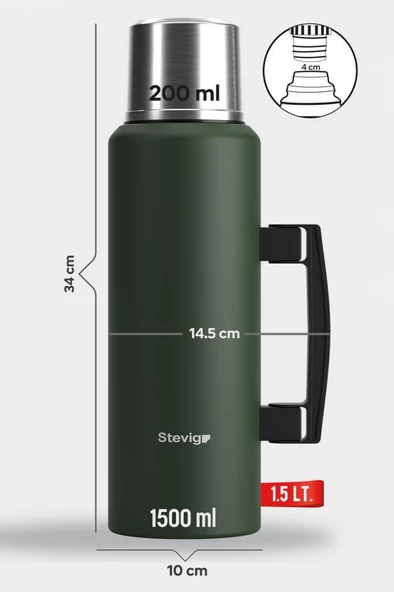 Stevig 4 Camp Klasik Vakumlu Kulplu Çelik Termos 1.5 LT. Green ST-206 - 4