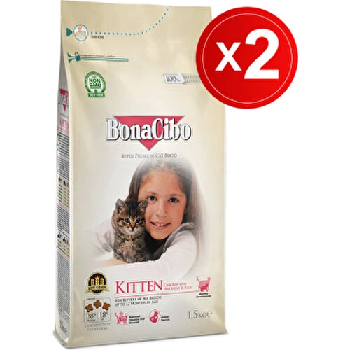 Bonacibo Kitten 1.5 kg x 2 Li - Tavuklu (Hamsi ve Pirinç Eşliğinde) Yavru Kedi Maması