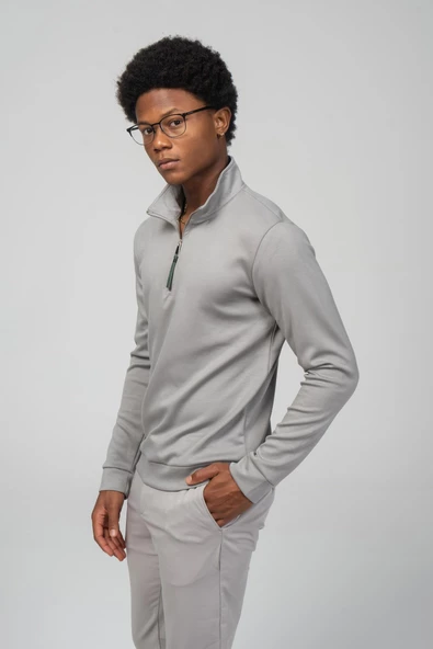 Erkek Regular Fit Teknolojik Kumaş İpeksi Pamuk Yarım Fermuarlı Sweatshirts - 12