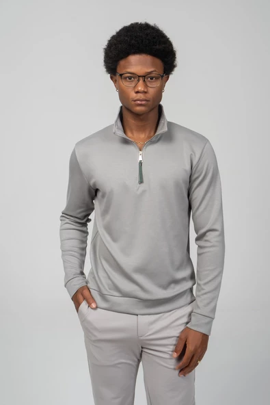 Erkek Regular Fit Teknolojik Kumaş İpeksi Pamuk Yarım Fermuarlı Sweatshirts - 11