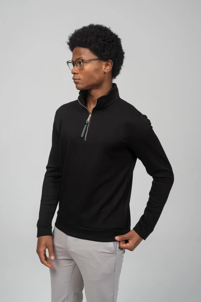 Erkek Regular Fit Teknolojik Kumaş İpeksi Pamuk Yarım Fermuarlı Sweatshirts - 2