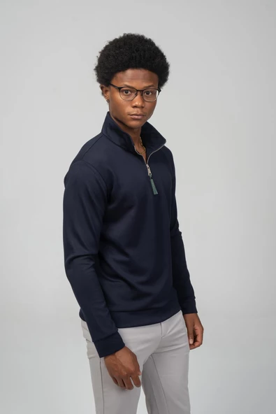 Erkek Regular Fit Teknolojik Kumaş İpeksi Pamuk Yarım Fermuarlı Sweatshirts - 8