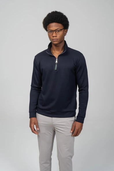 Erkek Regular Fit Teknolojik Kumaş İpeksi Pamuk Yarım Fermuarlı Sweatshirts - 6