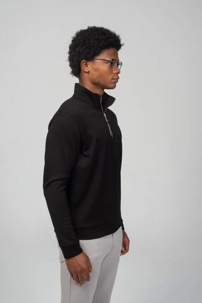 Erkek Regular Fit Teknolojik Kumaş İpeksi Pamuk Yarım Fermuarlı Sweatshirts - 3