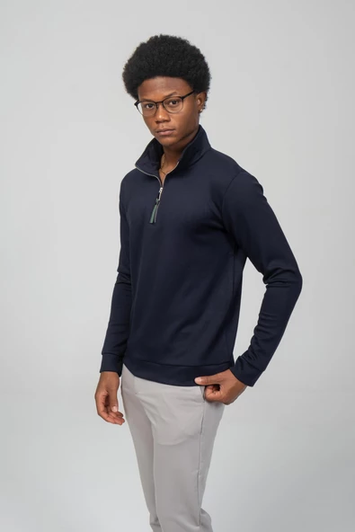 Erkek Regular Fit Teknolojik Kumaş İpeksi Pamuk Yarım Fermuarlı Sweatshirts - 7