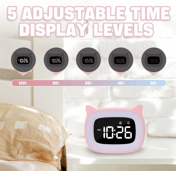 Valkyrie Çok Şirin Kedi Masaüstü Saat Şarjlı LED Işıklı Sevimli Saat Pembe - 2