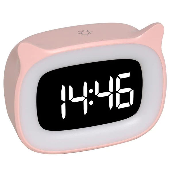 Valkyrie Çok Şirin Kedi Masaüstü Saat Şarjlı LED Işıklı Sevimli Saat Pembe - 5