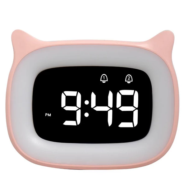 Valkyrie Çok Şirin Kedi Masaüstü Saat Şarjlı LED Işıklı Sevimli Saat Pembe - 6