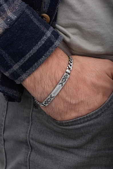 İsimli Taşlı Plaka 925 Gümüş Erkek Bileklik